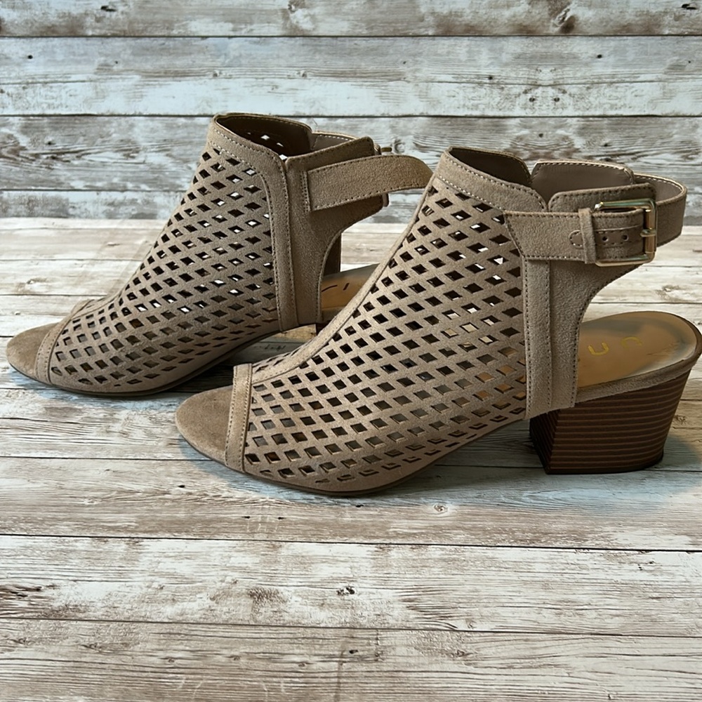 “Unisa”brand, vegan suede, perforated, open toe, chunky heeled shoe - size 10 - Picture 3 of 10